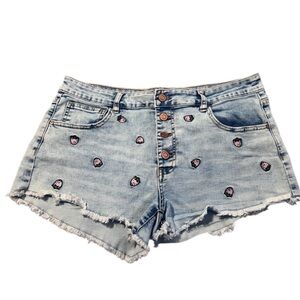 Light Blue Denim Women Shorts with strawberry Embroidery coquette cottagecore